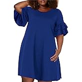 Nemidor Plus Size Casual Dresses for Curvy Women Summer Ruffle Sleeve T-Shirt Swing Mini Dress with Pocket 14-26