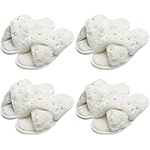 Usavemo 4 Pairs Women's Fuzzy Slippers, White, One Size, Pearl Embellished, Open Toe, Soft Plush, Non-Slip, Wedding & Party Gifts