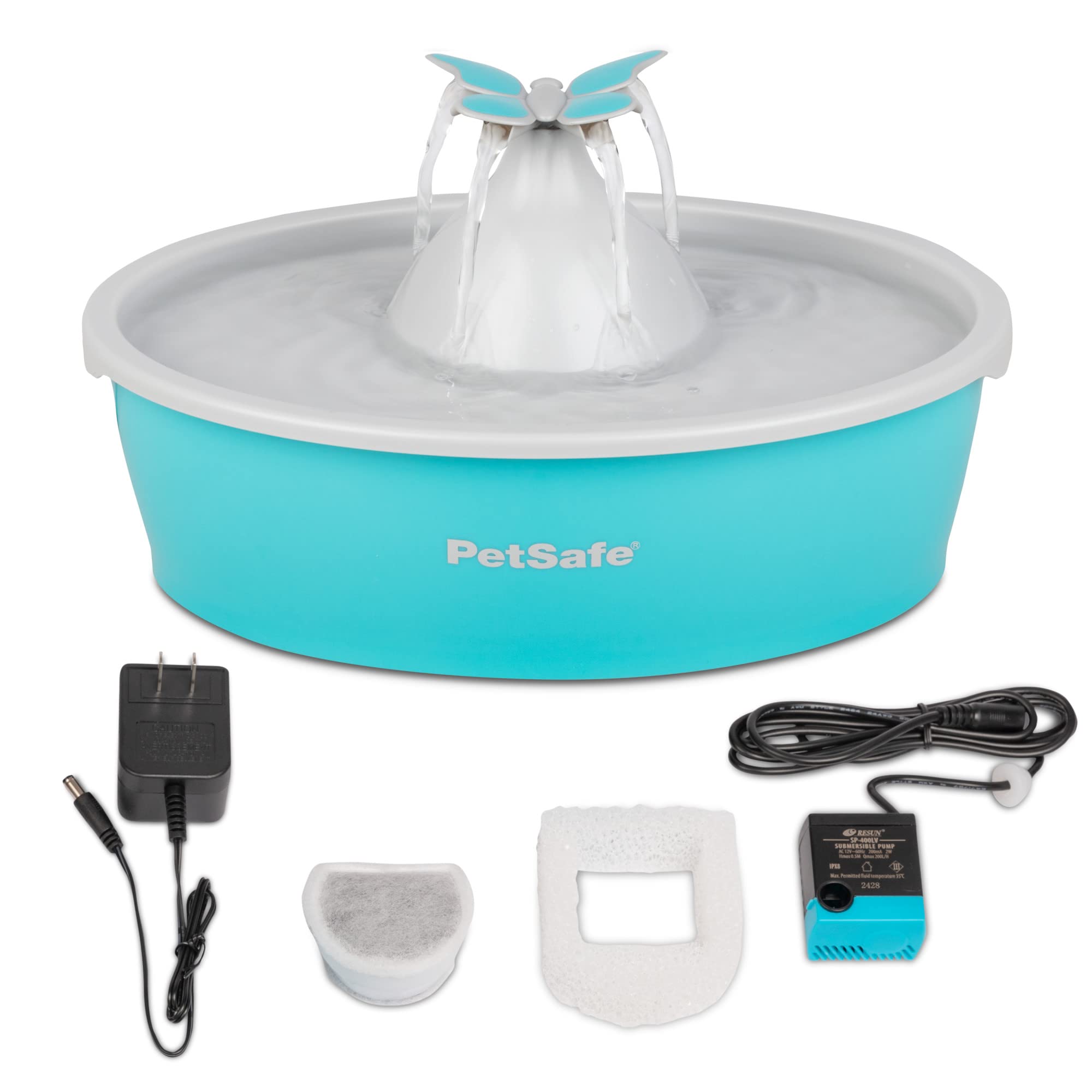 PetSafe Butterfly Cat Water Fountain with Pump & Filters - Cute Water Dispenser with 50 oz Capacity - Pump & Filters Keep Water Clean & Fresh - Filter Contains 2X More Carbon Than Other Brands