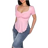 SHENHE Women's Sexy Twist Front Square Neck Short Sleeve Slim Fit Crop Top Trendy Y2K Tops Tee T Shirts