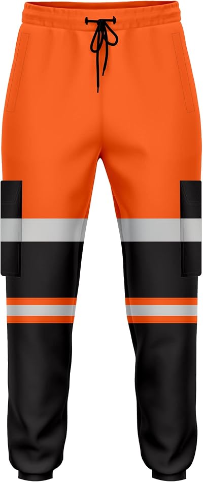 trending babz Mens Hi Vis Jogging Trousers Orange Black Reflective Tape Cuffed