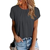 Dokotoo Women's Casual Round Neck Basic Pleated Tops Short Sleeve Loose Fit Curved Back Chiffon Blouses Tshirts