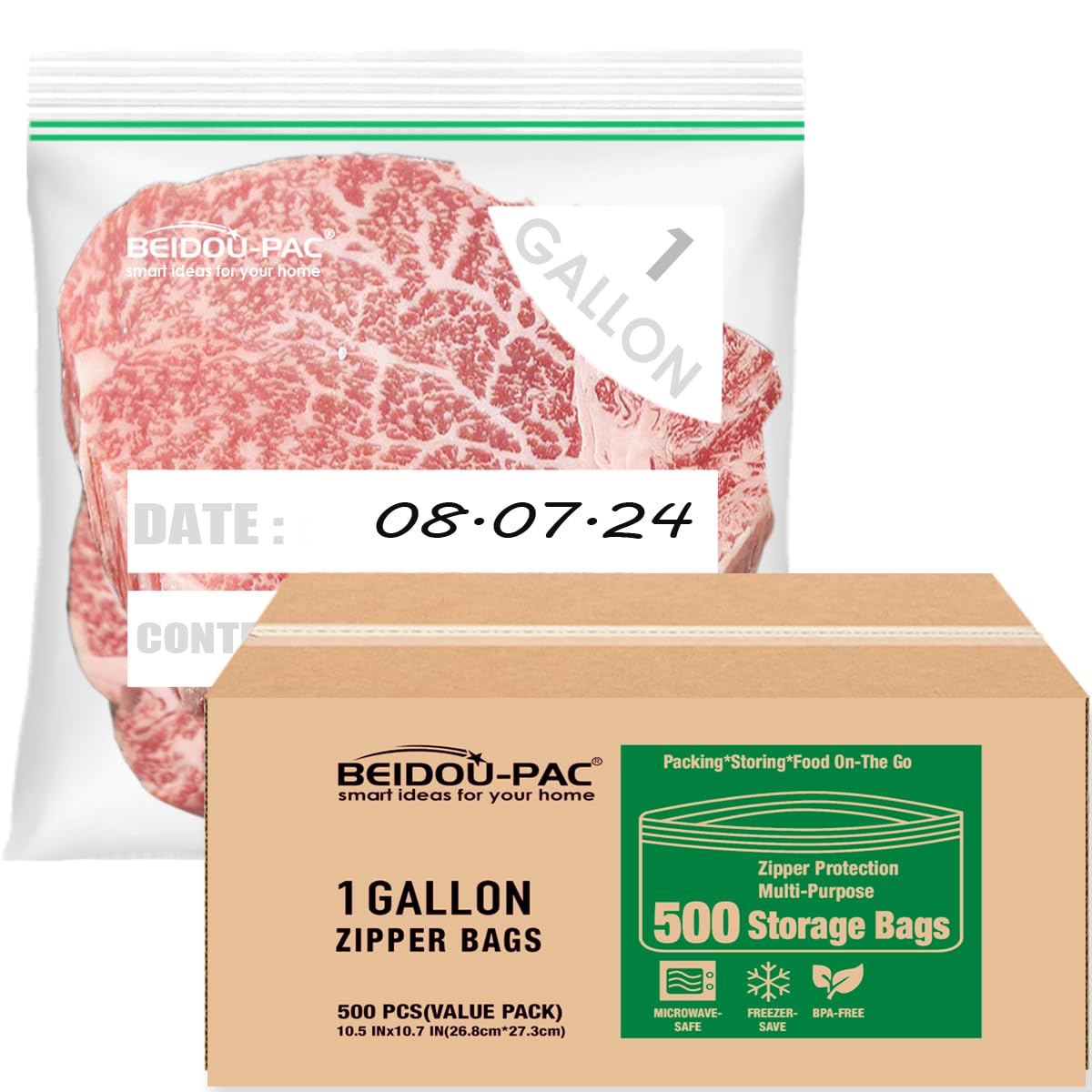 Photo 1 of BEIDOU-PAC Gallon Food Storage Freezer Bags, 500 Count | Double Zipper | 10.5" * 10.7", Freshness Easy Open Reclosable Clear Plastic Bags