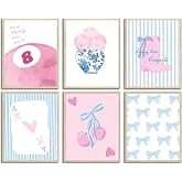 Blue and Danish Pastel Floral Bow Cherries Trendy Wall Prints,College Apartment Decor Aesthetic Wall Art Prints Cherry Poker,Living Room Decor,Girls Room Bedroom Decor,8x10 Inch Set of 6 Unframed.