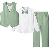 LOLANTA Boys Linen Suit Dress Clothes Kids Graduation Wedding Outfit 4 Piece Shirt Vest Pants Set with Bow Tie