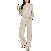 Casly Lamiit Two Piece Lounge Set for Women 2025 Casual Airport Outfits Travel Wrap Top Trendy Wide Leg Pants Matching Office Clothing Dark Beige M