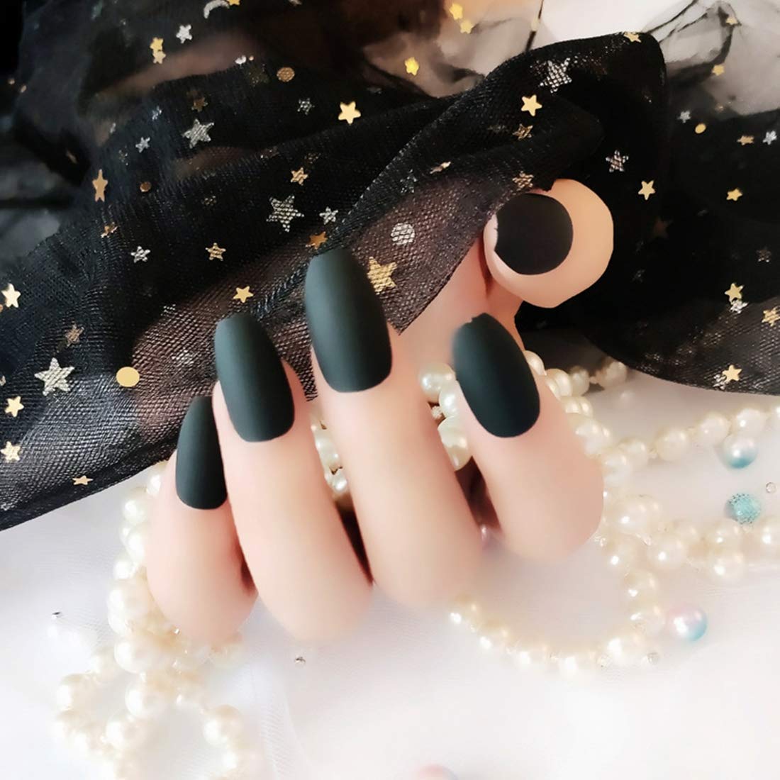 Umillars 24pcs Pure Color Coffin Nails Matte False Gel Nails Art Tips Sets Full Cover Medium False Nails for Ballerina Cosplay Office Lady (Black)… - Image 4