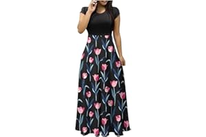 OPHPY Summer Maxi Dress with Sleeves Casual Floral Print Long Dresses Ladies Sexy Elegant O-Neck Vacation Travel Dress