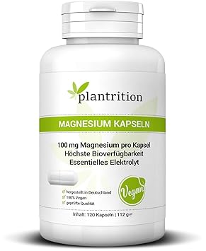 Magnesium Kapseln 100 mg elementares Magnesium pro Kapsel - Magnesium-Bisglycinat höchste Bioverfügbarkeit - Plantrition 120 