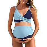 Summer Mae Maternity Bikini Swimsuit Color Block Two Piece Criss Cross V Neck Bathing Suit High Waist Pregnancy Swimwear