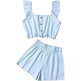 Ecolala Girl's Summer Clothing Sets Knit Ruffle Striped T-Shirt and Shorts 2 Piece Outfits