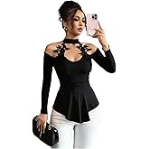 SweatyRocks Women's Cold Shoulder Mock Neck Halter Tops Lace Floral Asymmetric Hem Long Sleeve T Shirt