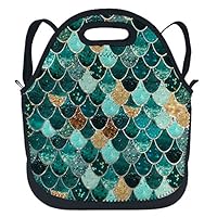 oFloral Mermaid Tote Bag Insulated Neoprene Lunch Beautiful Mediterranean Sea Mermaid Sequins Lunchbox Backpack With Shoulder Strap For Children Kids Teens Boys Girls Women Glitter Green Yellow