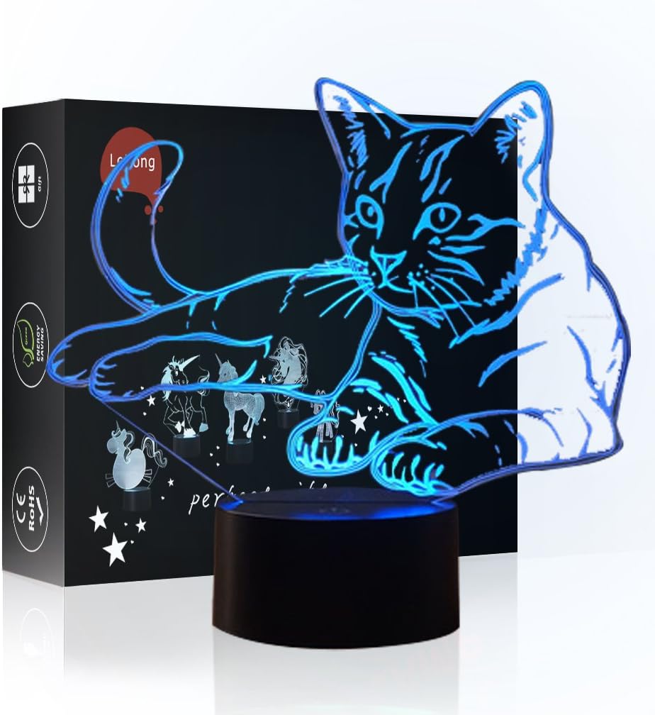 3D Night Light Cat Illusion LED Lamp Cool Table Lighting 7 Colours Changeable with Touch Switch and USB Insert, Excellent Gifts with Acrylic Flat ABS Base for Home Decoration
