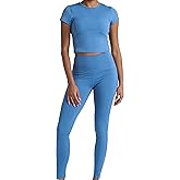 Two Piece Workout Set for Women High Waist Leggings and Short Sleeve Athletic Tops Matching Pilates Gym Sets Yoga Outfits