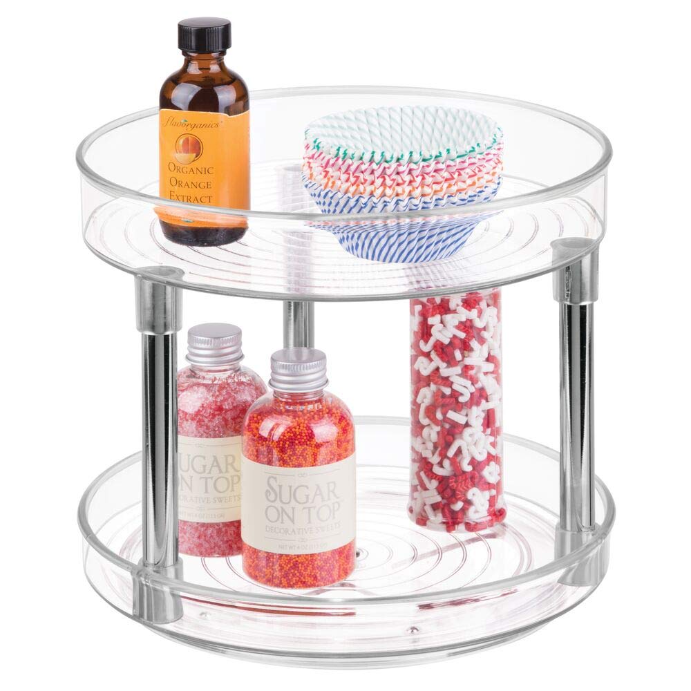 mDesignLazy Susan Spice Rack – 2-Tier Kitchen Storage Unit with Rotatable Shelving Made of Plastic – Perfect for Use as Condiment Holder, Spice Rack and More – White/Silver