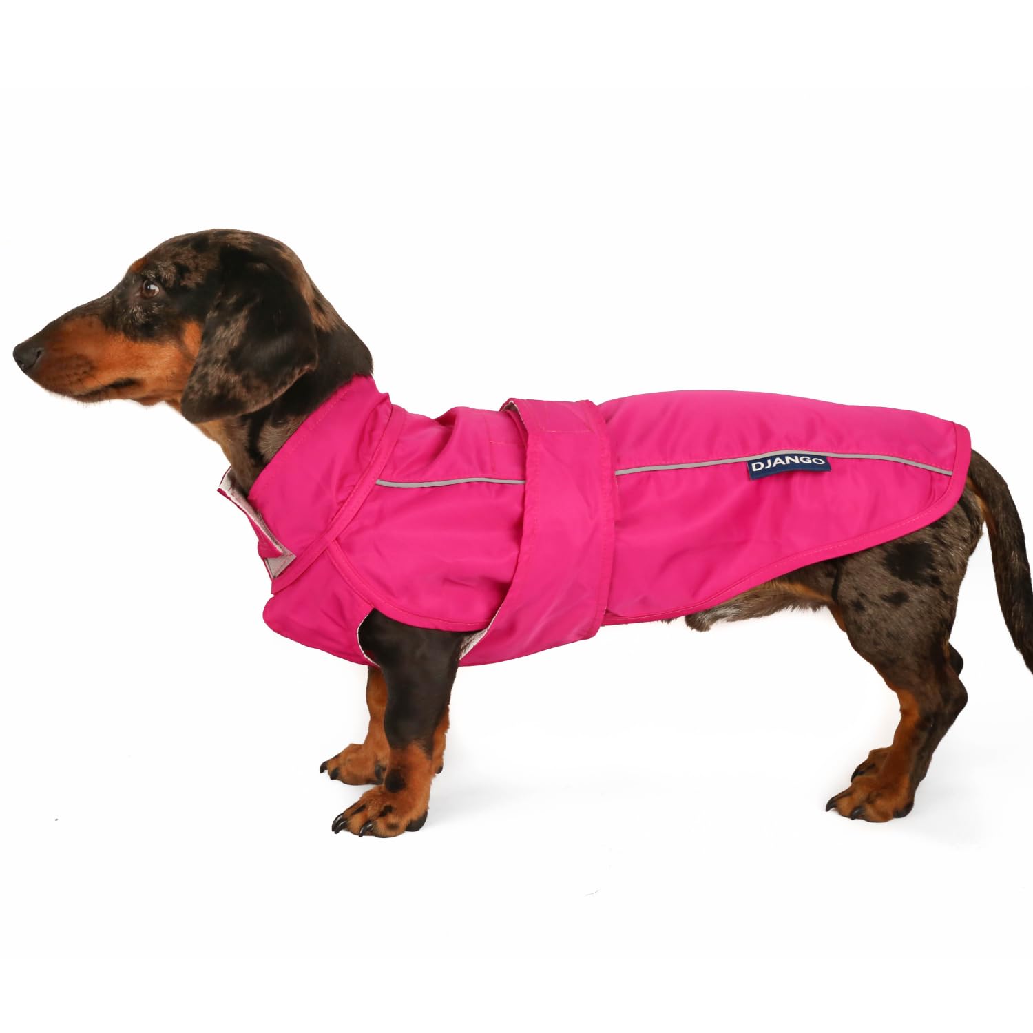 DJANGO City Slicker Waterproof Dog Raincoat and Lightweight Jacket for Long Dogs - Full Coverage Puppy Coat and Reflective Rain Slicker and Windbreaker - Adjustable with Harness Hole (Pink, Small)
