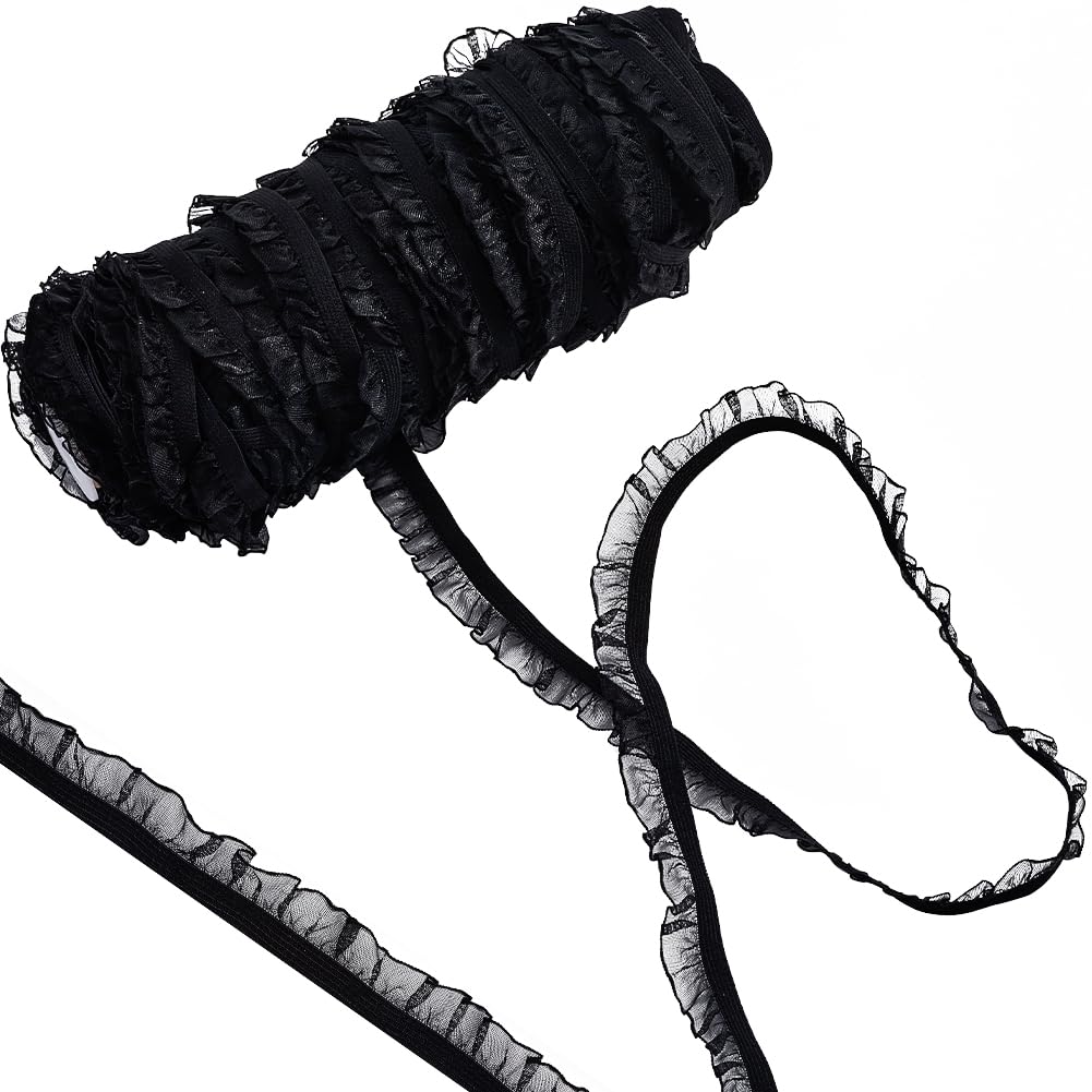 GORGECRAFT 50 Yards Elastic Ruffle Lace Trim 1.5cm Chiffon Pleated Stretch Ribbon Frilly Lace Fabric Gathered Edging Trimming for Hair Tie Headband Lingerie Underwear Sewing Crafts Home Decor Black