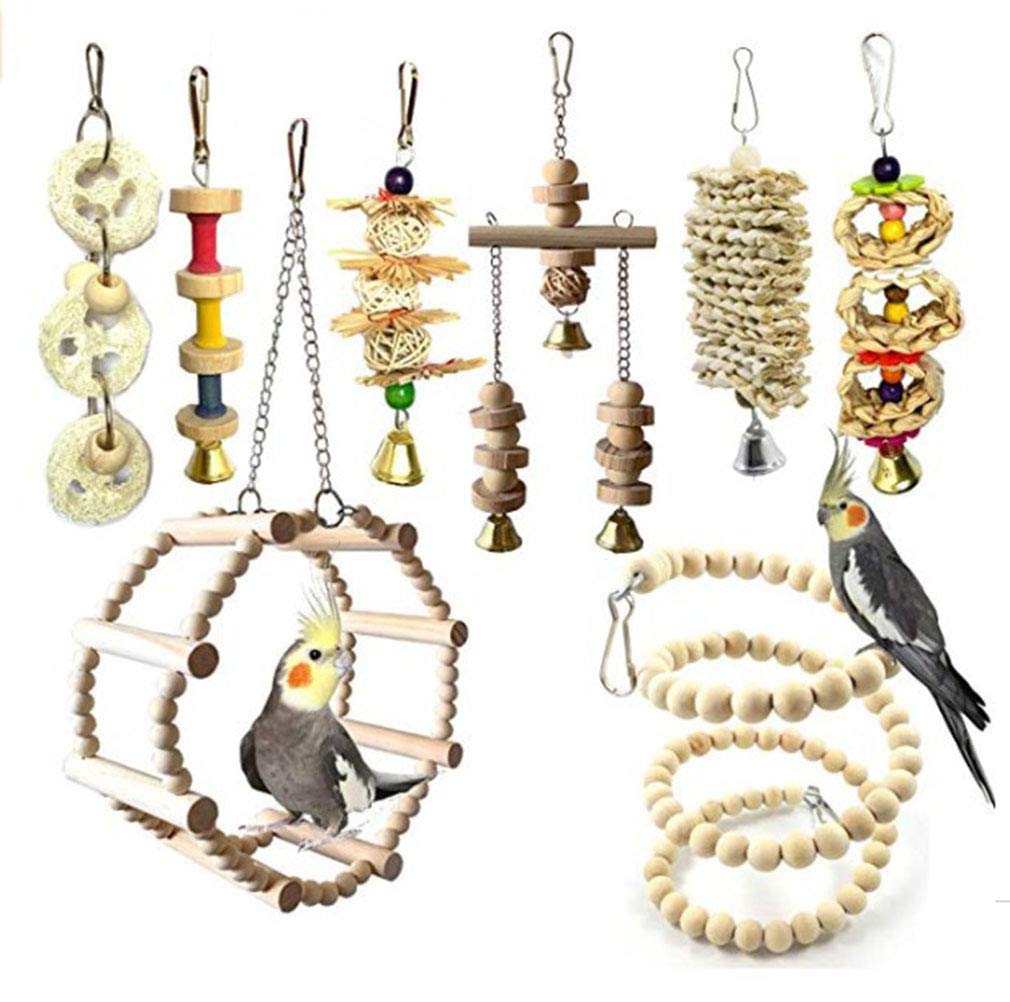 JasCherry 8 Pcs Small Bird Parrot Swing Chewing Grinding Toys Set - Bird Bell Toys for Cage Hanging - Ideal Wood Toys for Small Parakeets, Cockatiel, Budgie, Finches and Love Birds #1