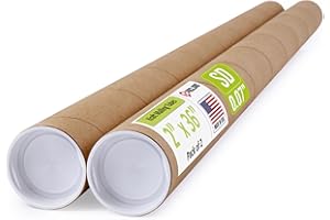 PACLORD 2" x 36" Reinforced Kraft Paper Mailing Tubes, Pack of 2 Tubes with 2 Caps Each – USPS Approved Poster Tube – Made in USA Cardboard Tube for Shipping and Storing Posters, Prints, Artwork, or Documents