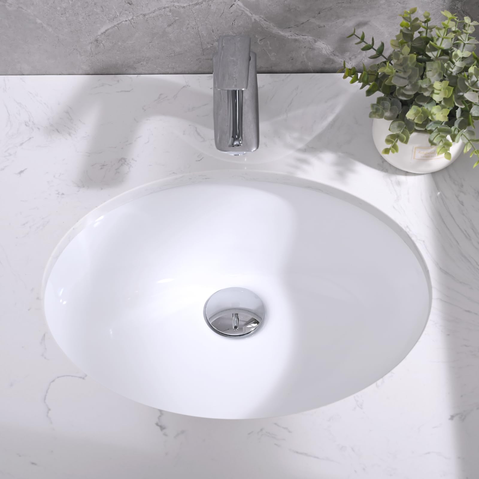 Photo 1 of EQLOO 17" x 14" Oval Under Mount Bathroom Sink, Vitreous Lavatory Vanity Sink Under Counter Porcelain Ceramic Oval Vessel Bath Sink Bowl Basin With Overflow, No Faucet Holes, White