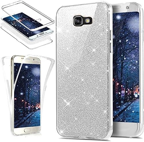 Uposao Galaxy A7 2017 Case Silicone Glitter Bling Luxury Sparkle 360 Degree Full Body Case Tpu Front and Back Cover Clear TPU Transparent All Round Case Double Sided Phone Cover,Silver