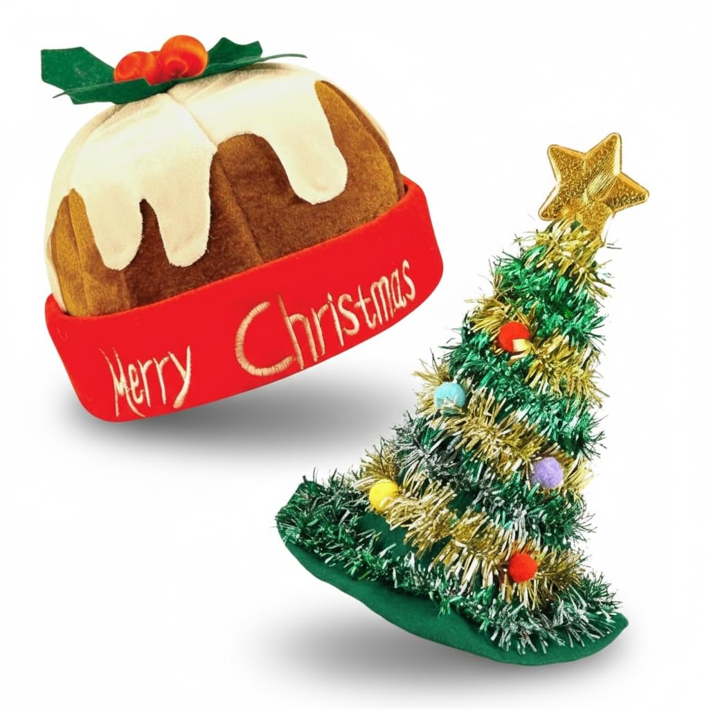ZANGOC 2 Pack Christmas Hats – Deluxe Novelty Christmas Pudding Hat & Christmas Tree Hat with Tinsel and Gold Star Topper 43cm | Fancy Dress For Adults, Elf Costume, Xmas Dress Accessories, Party Hats