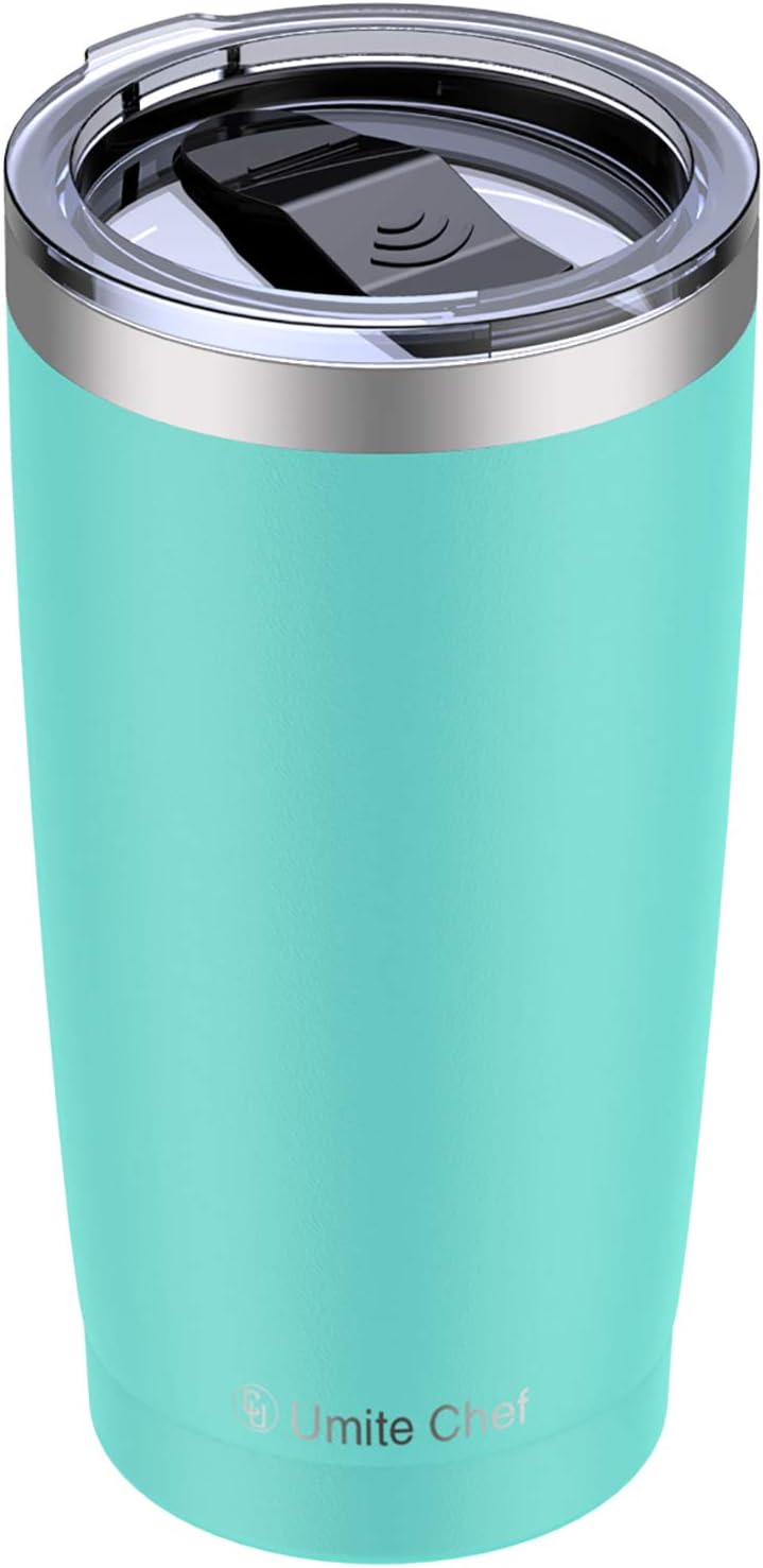 Umite Chef 20oz Stainless Steel Tumbler with Lid, Double Wall Vacuum Insulated Travel Mug Tumbler with Straw, Durable Insulated Coffee Mug for Hiking, Camping & Traveling（Mint Green）