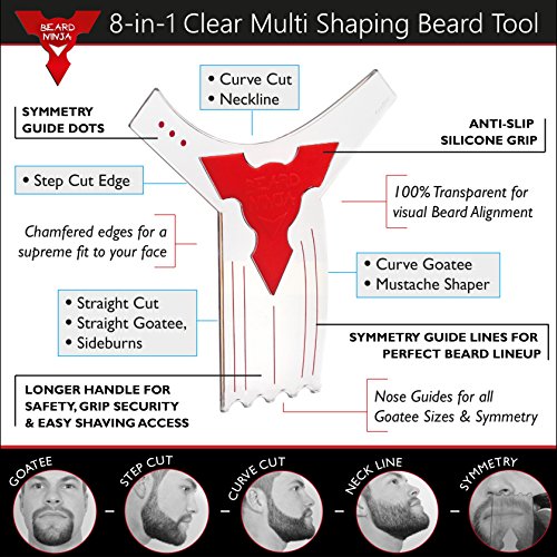 The BEARD NINJA - Beard Shaping Tool Template. Clear Shaper Guide for Lineup & Edging. Transparent Stencil Styling Goatee, Mustache & Neckline + Curve/Step or Straight Cut +Anti-Slip Grip (Red) - Thumbnail 2