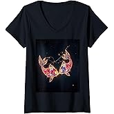 Womens Galaxy Fish - Pisces Zodiac Sign V-Neck T-Shirt