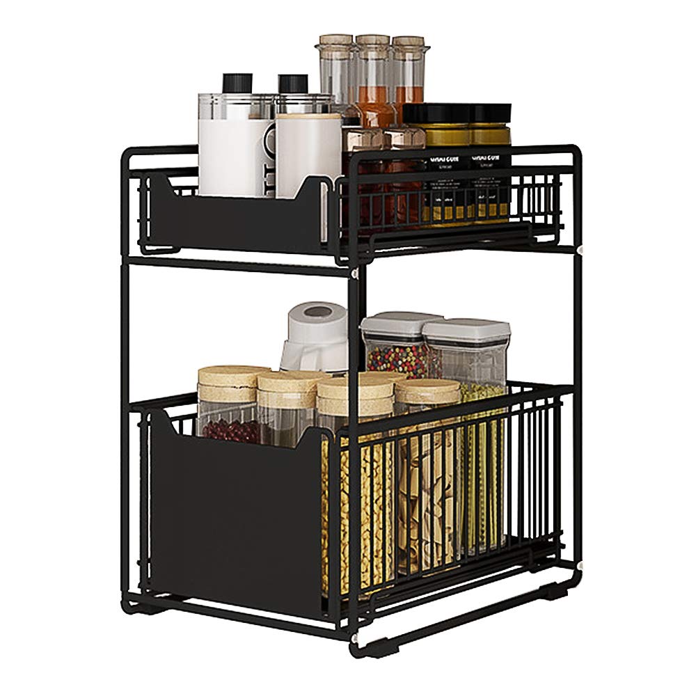 CarolynDesign 2 Tier Under Sink Storage Drawer for Kitchen and Bathroom, Metal Sliding Storage Basket, Desktop Pull-Out Storage Shelf for Home and Office, Black Coating