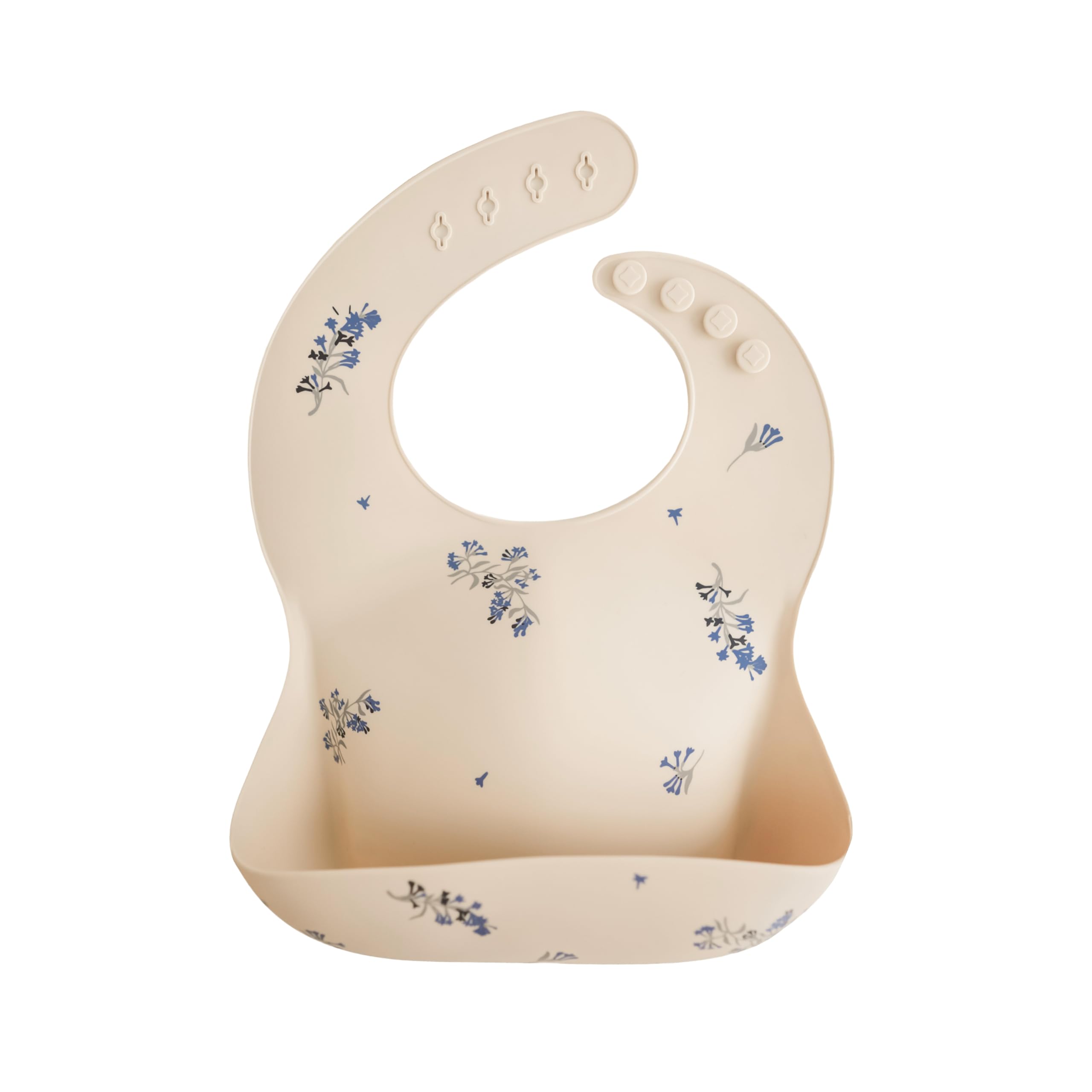 Mushie Baby Silicone Bib | Adjustable Fit Waterproof Bibs | Easy Wipe Baby Feeding Bibs | 4 Adjustable Sizes with Deep Front Pockets | 100% BPA and Phthalate Free (Lilac Flowers)