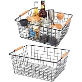LeleCAT Large black wire basket for Organizing with Wooden Handles,pantry refrigerator organizers and storage,Snack Storage B