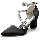 YWXYMGE Block Heel Wedding Shoes for Bride Pointed Toe Rhinestones Strappy Bridal Heels Evening Formal Dress Shoes