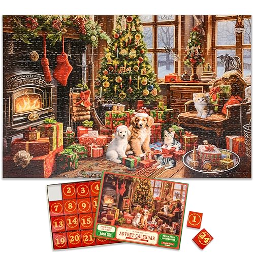 Christmas Advent Calendar 2025 Puzzles with 1:1 Reference Poster - 1000 Pieces Fireplace Jigsaw for Kids and Adults, 24 Boxes Puzzle Countdown Calendar to Christmas Family Toys Gift, 27.6 in x 19.7 in