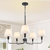 29.52" Black Farmhouse Chandelier with Fabric Shade, 5-Arm Vintage Modern Dining Room Light Fixture, Kitchen Island Pendant H