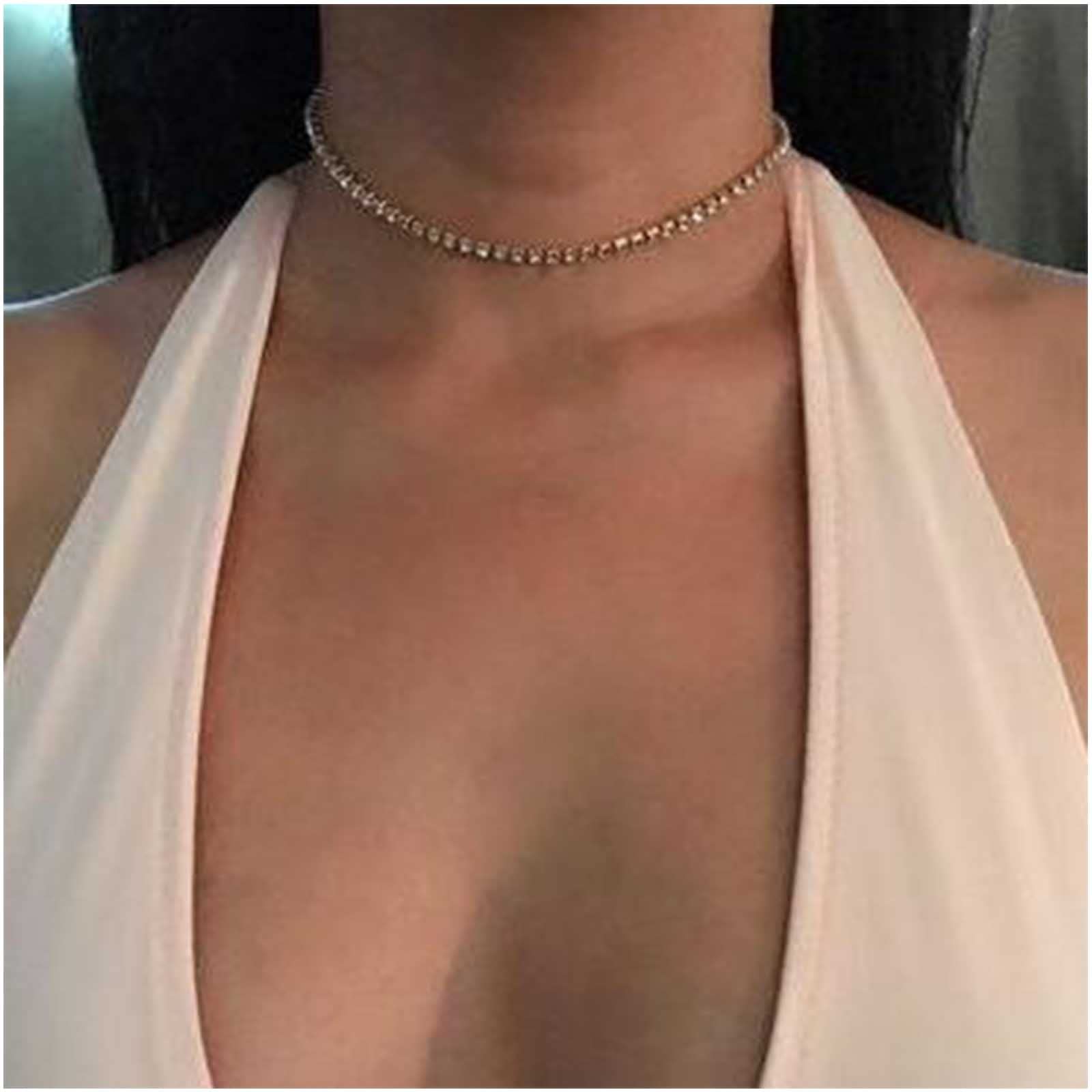 Cimenexe Bohemian Tennis Chain Necklace Vintage Crystal Choker Minimalist Rhinestone Chain Necklace Choker Adjustable Gold Clavicle Necklace Jewelry for Women and Girls