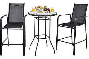 HAPPYGRILL 3-Piece Patio Bar Set Outdoor High Top Bistro Set with 2 Bar Stools and 1 Tempered Glass Top Table