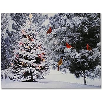 BANBERRY DESIGNS Christmas Tree & Cardinal Birds LED Canvas Print - Snowy Winter Forest Pine Trees Scene - Lighted Picture - Wall Art with Battery Operated Led Lights