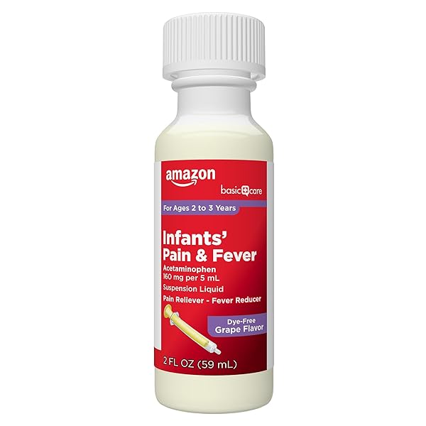 AMAZON BASIC CARE INFANTS’ PAIN & FEVER, ACETAMINOPHEN 160 MG PER 5 ML, SUSPENSION LIQUID, DYE-FREE GRAPE FLAVOR, 2 FL OZ (PACK OF 1)