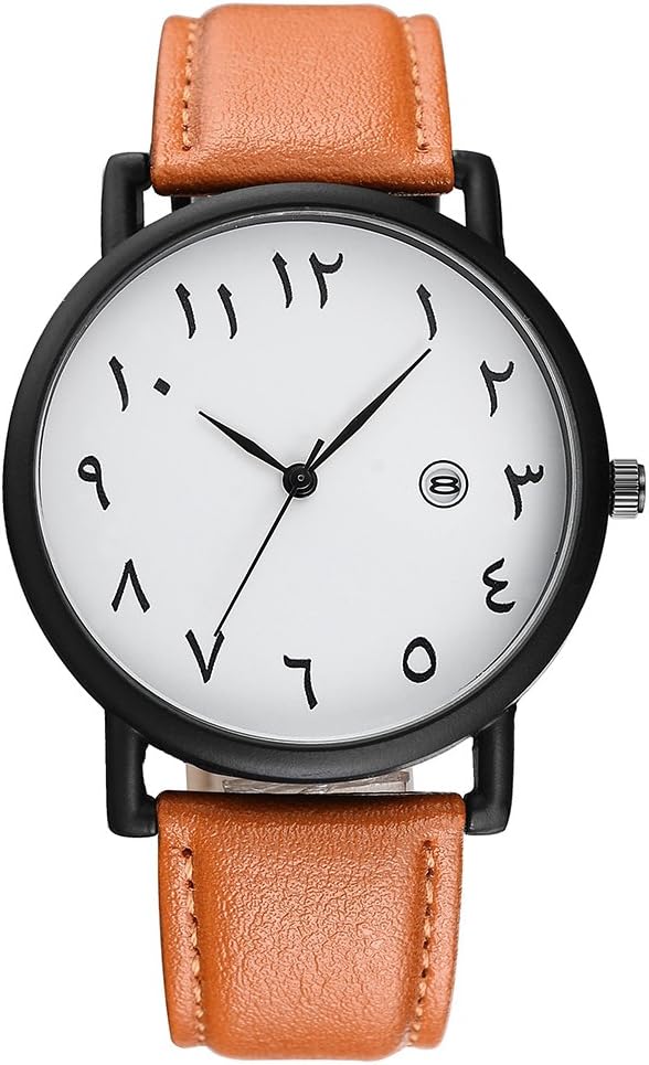 Arab Numbers Scales Men Watch Black Leather Watch with Calender