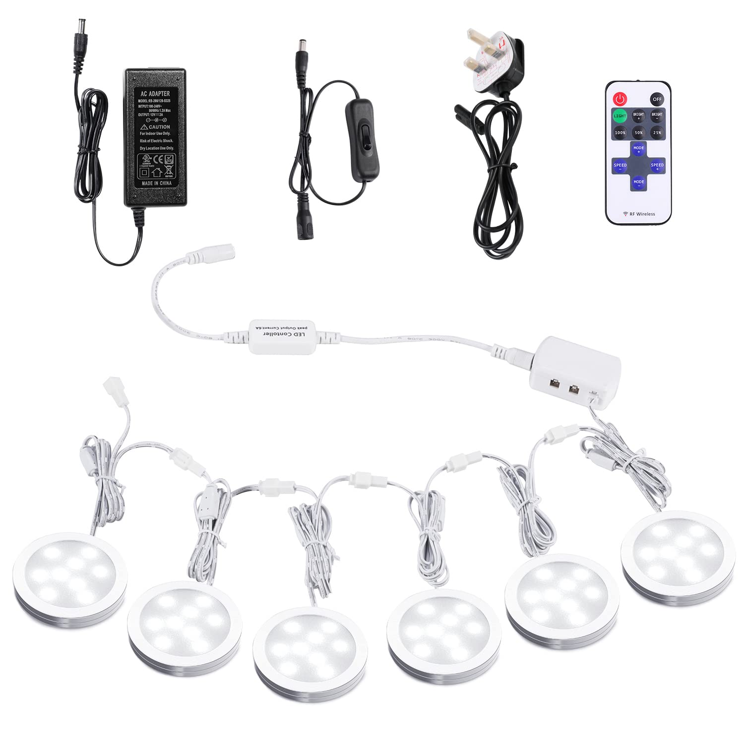 AIBOO Under Cabinet Kitchen Lights LED 6 Pack with Remote,Dimmable Under Cupboard Kitchen Light with Power Plug and Switch,Puck Lights Under Cabinet Lighting Under Counter Light Daylight White 6000K