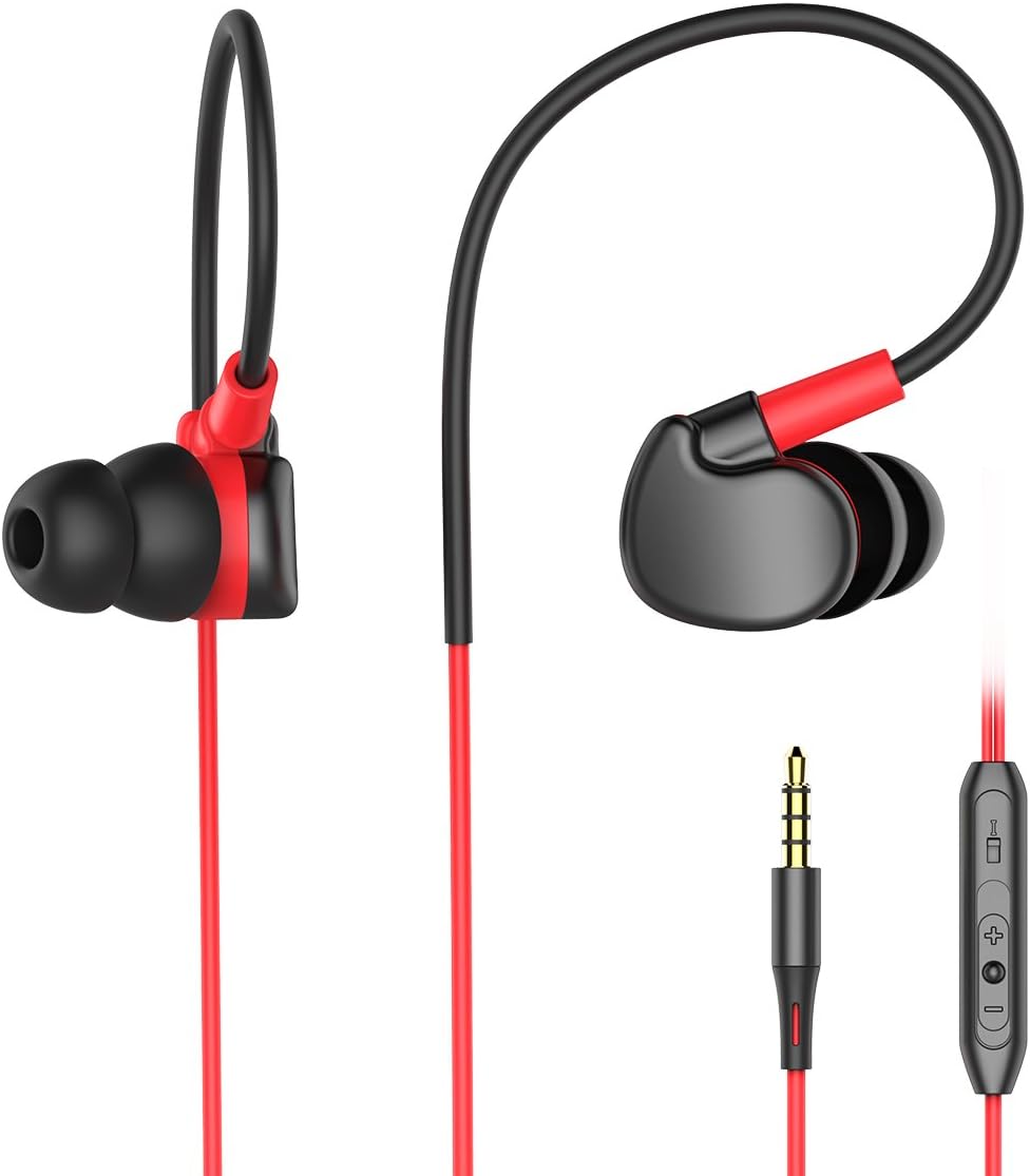 Wired Earphones in Ear Headphones with Mic, Sweatproof Earbuds for Sports Running Workout Gym S5 3.5mm Stereo Noise Cancelling Headsets Compatible with iOS/Android Device-Black and Red