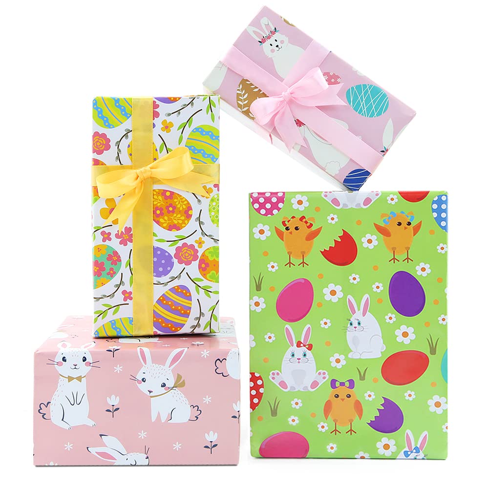 Easter Wrapping Paper Birthday,Mother's Day Happy Birthday Wrapping Paper, 20x28" Per sheet(8 sheets:31 sq.ft.ttl.) With 2 Ribbons for Easter Spring Baby Shower