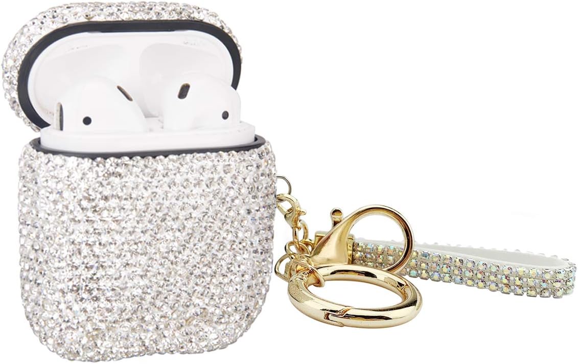 MOLOVA Bling Airpods Case ,Shining Diamond Rhinestone AirPods Case Shock Proof Cover Compatiable with Apple AirPods Wireless Charging Case with Keychain(White)