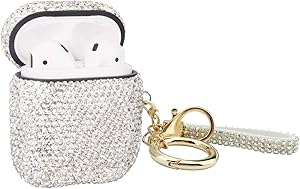 MOLOVA Bling Airpods Case ,Shining Diamond Rhinestone AirPods Case Shock Proof Cover Compatiable with Apple AirPods Wireless Charging Case with Keychain(White)