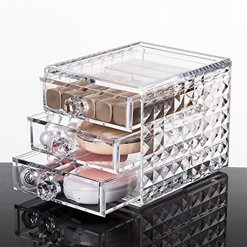 Yoler Acrylic Jewelry &amp; Makeup Storage Drawers Clear Crystal Shaped Stackable 3 Drawer Organizer