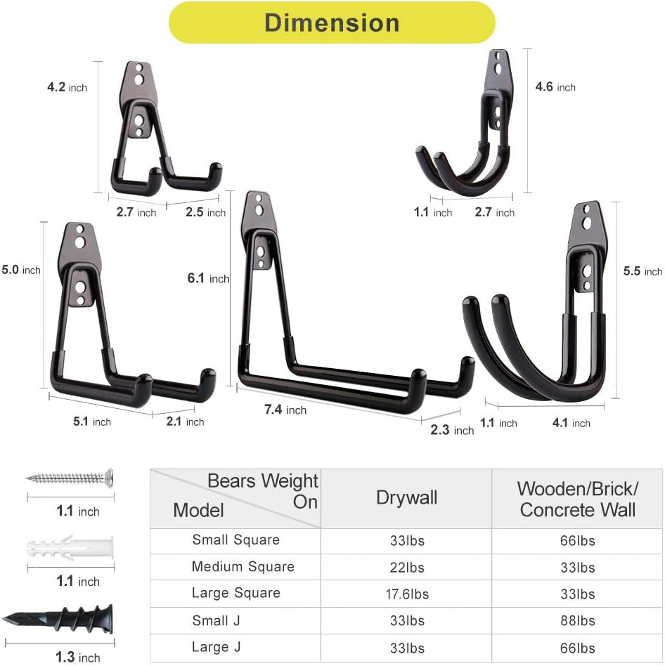 Garage Hooks, Topsome Garage Storage Hook Heavy Duty 14 Pack, Wall Mount Tool Hooks, 5 Size Organizers for Hanging Ladder, Bike, Bulky Item (Black) - - 