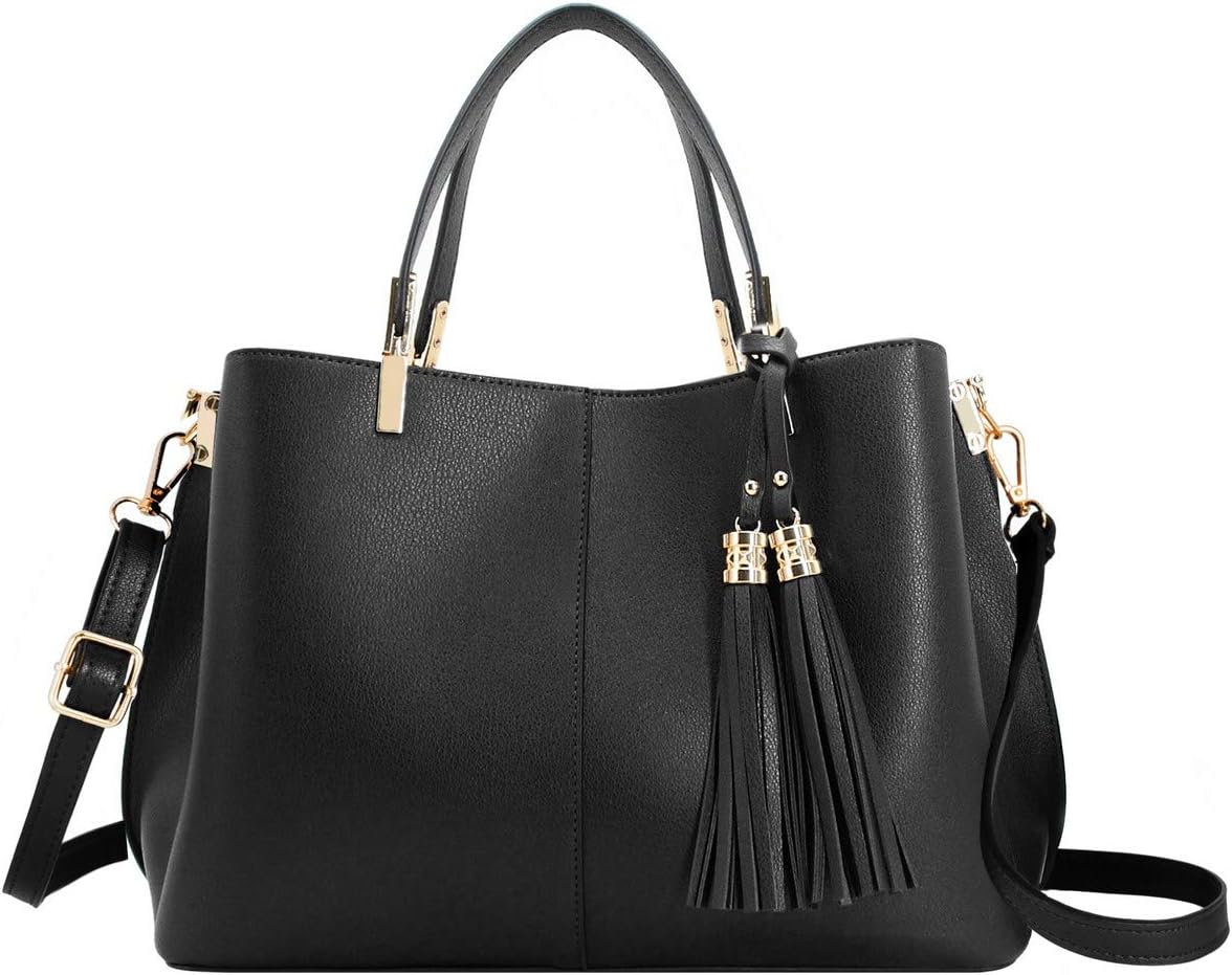 CRAZYCHIC - Women Elegant Handbag - Ladies Shoulder Crossbody Bag PU Leather - Tote Satchel Multiple Pocket Compartment - Fashion City Top-Handle Bag - Messenger Shopper Casual Work - Black Large