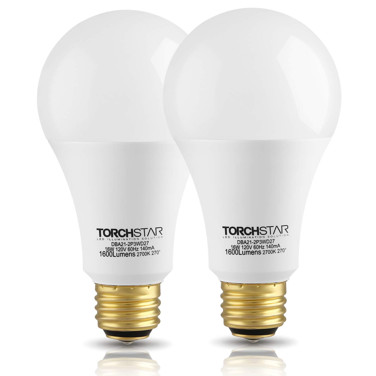 TORCHSTAR 3-Way 40/60/100W Equivalent LED A21 Light Bulb, ENERGY STAR + UL-listed, 2700K Soft White, E26 Medium Screw Base, for Table Lamp, Bedside Lamp, Pack of 2